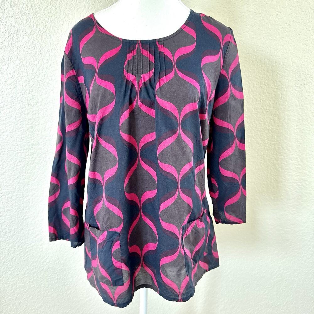 Boden Tunic Top US 8 UK 12 Pink Navy Geometric Print Long Sleeve Front Pockets